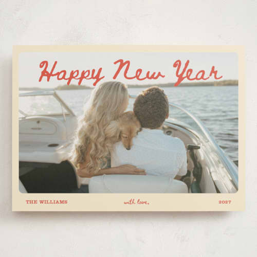 This is a peppermint holiday photo cards with standard by Rina Ozum called cheers to the new year printing on signature in grand
