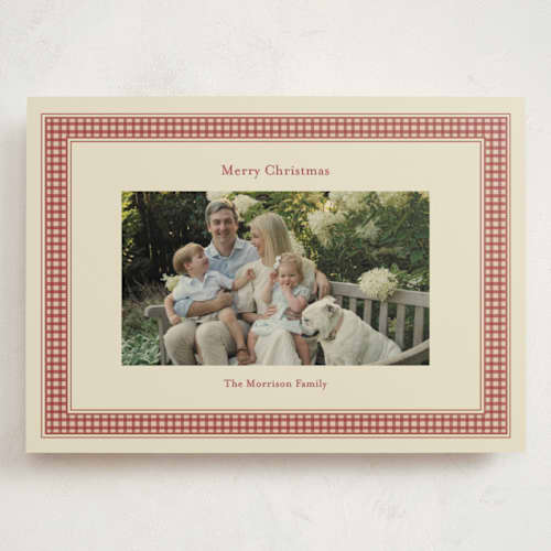 This is a cranberry holiday photo cards with standard by Ellen Schlegelmilch called gingham ribbon printing on signature in grand