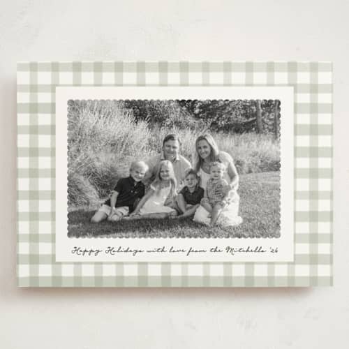 This is a spearmint holiday photo cards with standard by Emily Betts called scallop matted photo printing on signature in grand