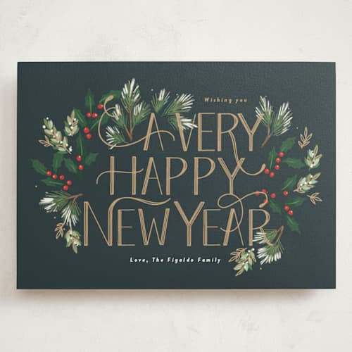 This is a wreath holiday photo cards with standard by Rebecca Durflinger called a very merry christmas botanicals printing on signature in grand