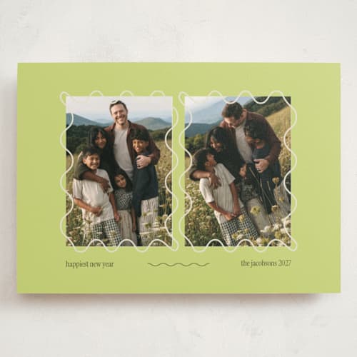 This is a lime holiday photo cards with standard by Hattie and Jane called squiggle giggle printing on signature in grand