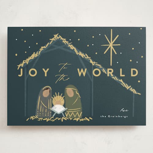 This is a midnight holiday photo cards with standard by Rebecca Durflinger called nativity printing on signature in grand