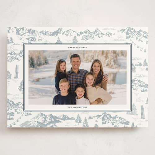 This is a powder holiday photo cards with standard by Jenna Holcomb called ski toile printing on signature in grand