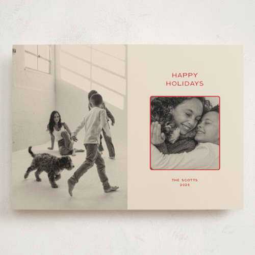 This is a cranberry holiday photo cards with standard by Ellen Schlegelmilch called holiday duo printing on signature in grand