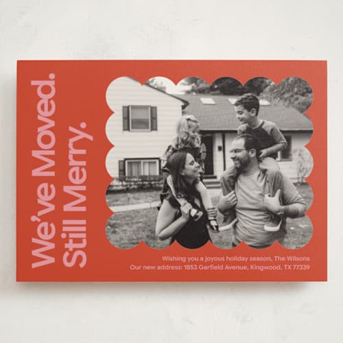 This is a tomato holiday photo cards with standard by Inkblot Design called still merry printing on signature in grand
