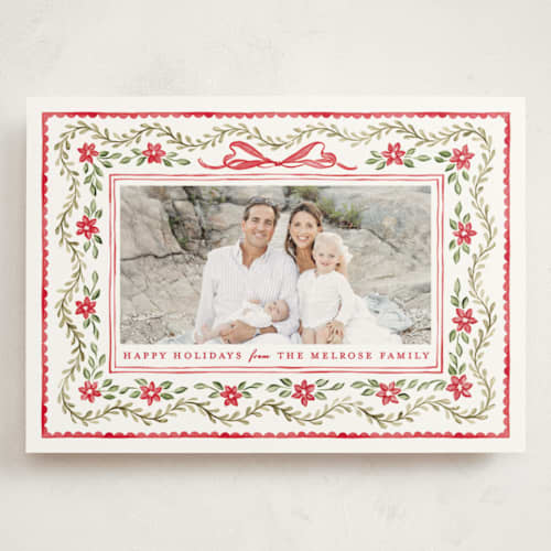 This is a poinsettia holiday photo cards with standard by Sarah Knight called festively framed printing on signature in grand