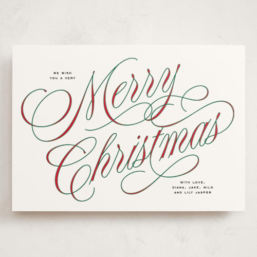 This is a stocking holiday photo cards with standard by Owl and Toad called festive outlines printing on signature in grand