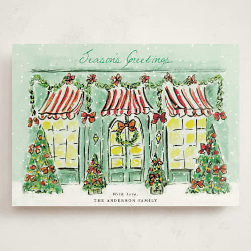 This is a frosted mint holiday photo cards with standard by Cass Loh called the jolly storefront printing on signature in grand