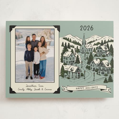 This is a mint holiday photo cards with standard by Wendy Taylor called snow village printing on signature in grand