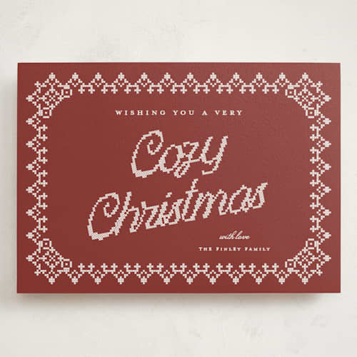 This is a poinsettia holiday photo cards with standard by Kelly Watkins called coziest christmas printing on signature in grand