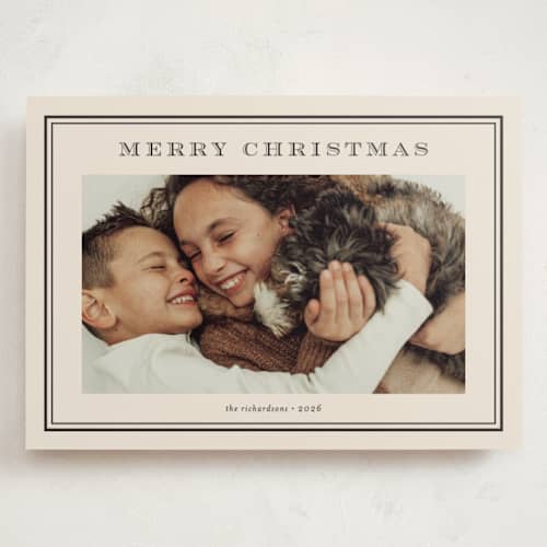 This is a vanilla bean holiday photo cards with standard by Stacey Meacham called engraved type printing on signature in grand