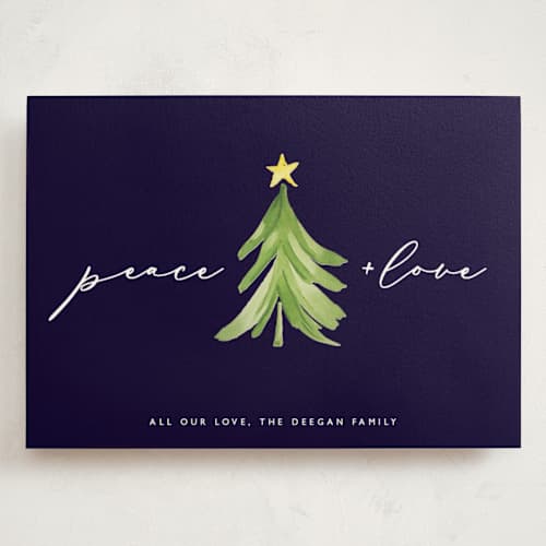 This is a navy holiday photo cards with standard by Erin Deegan called simple tree printing on signature in grand