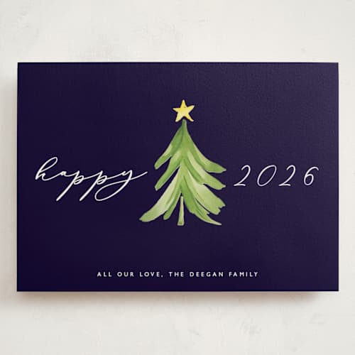 This is a navy holiday photo cards with standard by Erin Deegan called simple tree printing on signature in grand