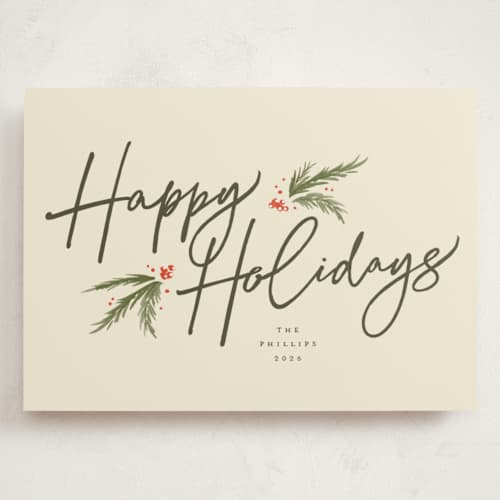 This is a eggnog holiday photo cards with standard by Robert and Stella called holiday script printing on signature in grand