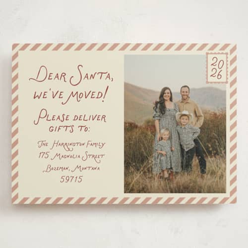 This is a toffee holiday photo cards with standard by Rebecca Dymon called dear santa, we've moved! printing on signature in grand