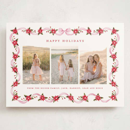 This is a gumdrop holiday photo cards with standard by Sarah Knight called poinsettia ribbon printing on signature in grand