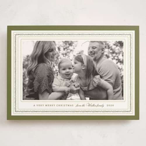 This is a sage holiday photo cards with standard by Sara Hicks Malone called fair isle printing on signature in grand