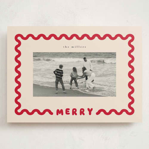 This is a cream holiday photo cards with standard by Iveta Angelova called merry wave printing on signature in grand