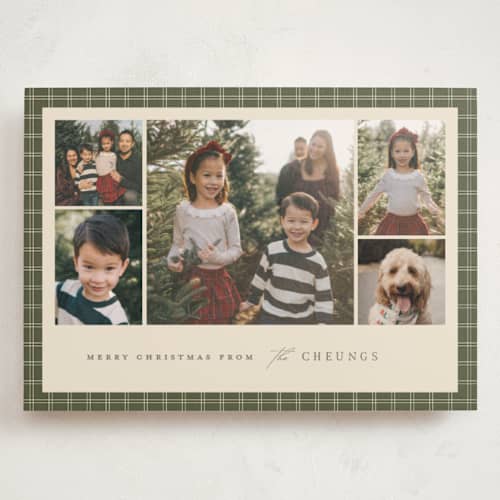 This is a pine holiday photo cards with standard by Amy Kross called checked edge printing on signature in grand