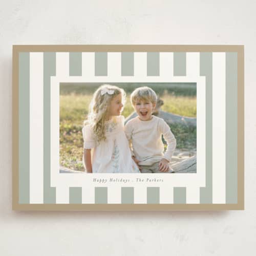 This is a sage holiday photo cards with standard by Angela Thompson called linen stripes printing on signature in grand