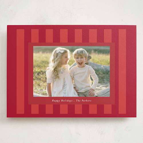 This is a poinsettia holiday photo cards with standard by Angela Thompson called linen stripes printing on signature in grand