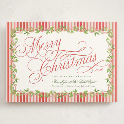 This is a cranberry holiday photo cards with standard by Erika Firm called holly ribbon printing on signature in grand