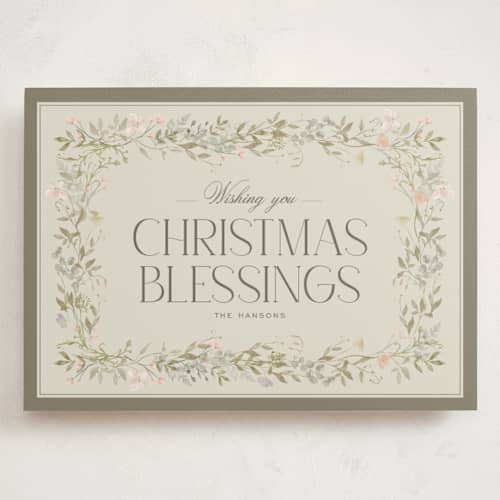 This is a sage holiday photo cards with standard by lori jacobs wemple called floral frame christmas printing on signature in grand