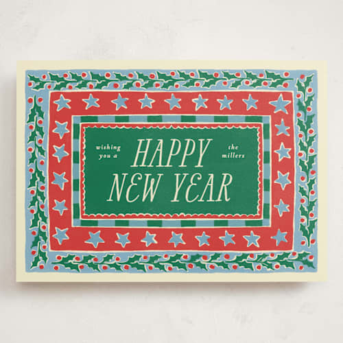 This is a pine holiday photo cards with standard by Pati Cascino called hollis printing on signature in grand