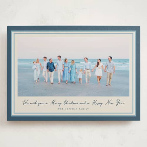 This is a blue spruce holiday photo cards with standard by Petra Kern called oasis printing on signature in grand