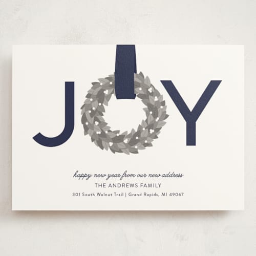 This is a blueberry holiday photo cards with standard by Sarah Brown called joy wreath printing on signature in grand