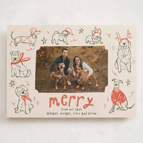 This is a cranberry holiday photo cards with standard by Vera Lim called doggy merry printing on signature in grand