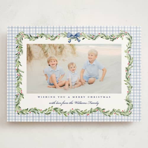 This is a chambray holiday photo cards with standard by Sarah Knight called gingham garland printing on signature in grand