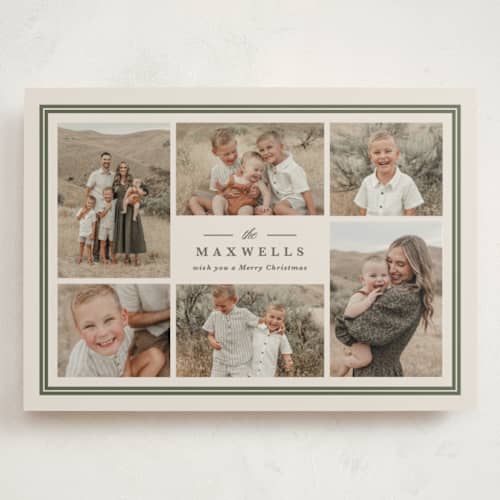 This is a pine holiday photo cards with standard by Brianne Larsen called framed name printing on signature in grand