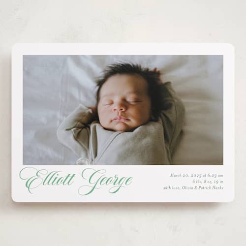 This is a clover grand birth announcements with standard by Megan Davis called hollis printing on recycled smooth signature in grand