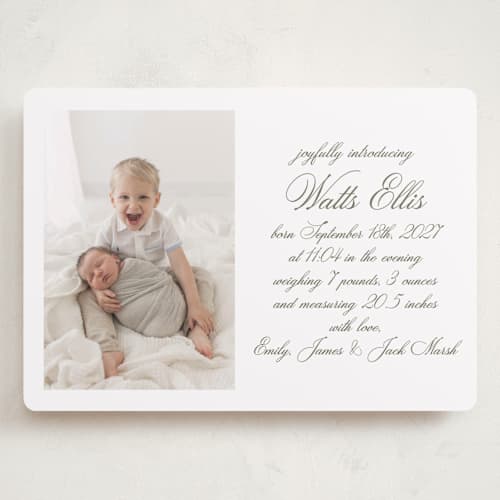 This is a fern grand birth announcements with standard by Megan Davis called walden printing on recycled smooth signature in grand