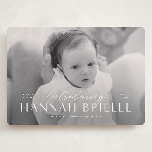 This is a snow grand birth announcements with standard by Michelle Taylor called typographic mix printing on recycled smooth signature in grand