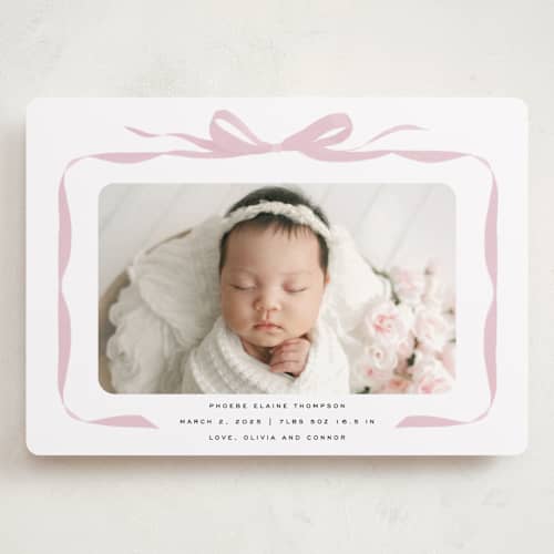 This is a poppy grand birth announcements with standard by Olivia Kanaley Inman called bow printing on recycled smooth signature in grand