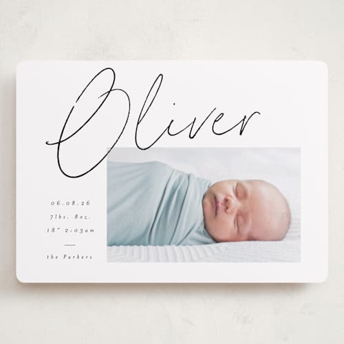 This is a noir grand birth announcements with standard by AK Graphics called simply printing on recycled smooth signature in grand