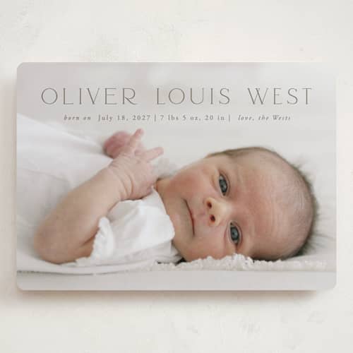 This is a fog grand birth announcements with standard by Julia Hall called our hearts printing on recycled smooth signature in grand
