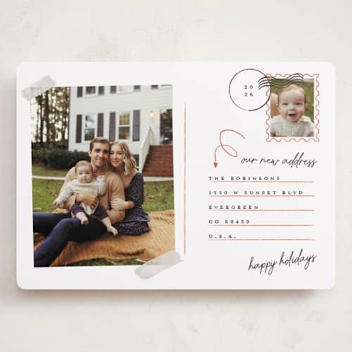 This is a cinnamon holiday photo cards with standard by Gwen Bedat called return address printing on recycled smooth signature in grand