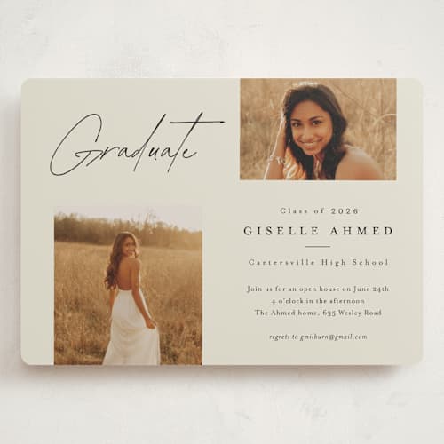 This is a bone graduation invitations with standard by Stacey Meacham called duo printing on recycled smooth signature in grand