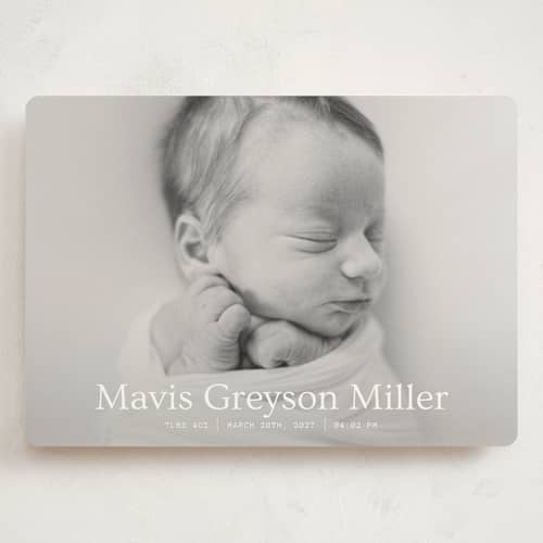 This is a snow grand birth announcements with standard by Bramble Studio called simple in serif printing on signature in grand