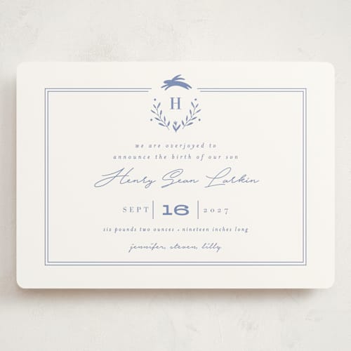 This is a cobalt blue grand birth announcements with standard by Susan Brown called classic baby monogram printing on signature in grand