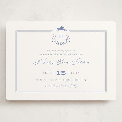 This is a cobalt blue grand birth announcements with standard by Susan Brown called classic baby monogram printing on signature in grand
