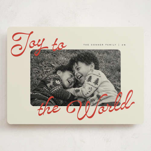 This is a cherry holiday photo cards with standard by Pixel and Hank called joy in color printing on signature in grand