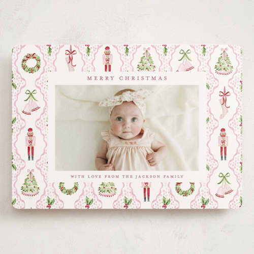 This is a powder holiday photo cards with standard by Sarah Knight called patterned icons printing on signature in grand