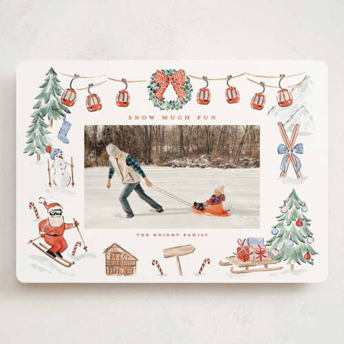 This is a santa suit holiday photo cards with standard by Sarah Knight called snow much fun printing on signature in grand