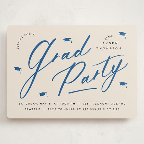This is a azure graduation invitations with standard by Louise Kay called celebrate the grad printing on signature in grand
