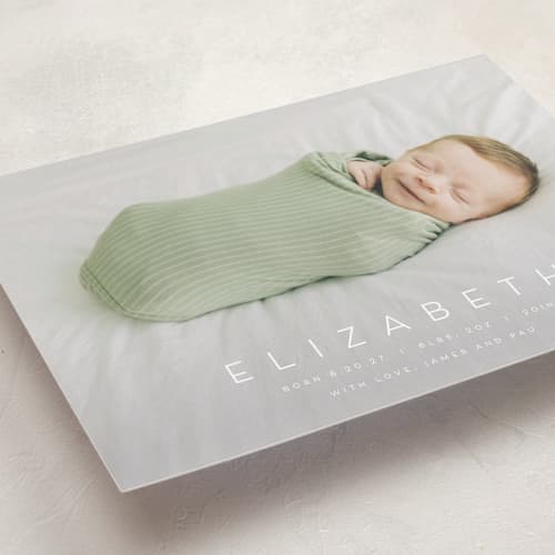 This is a sugar petite birth announcements with standard by Juneau Designs called sweet love printing on recycled smooth signature in petite