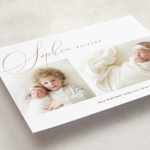 This is a oat petite birth announcements with standard by Pixel and Hank called classic twist printing on recycled smooth signature in petite